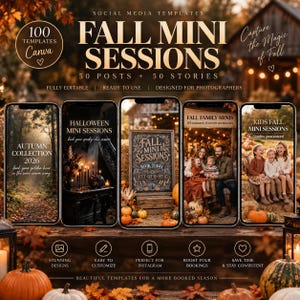 100 mallar för Halloween-höstminifotografering, Canva-mallar för fotografer, 50 Instagram-inlägg + 50 Stories, marknadsföring av höstfotografering
