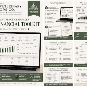 May include: A digital veterinary practice manager KPI and financial toolkit featuring an Excel workbook and printable PDF. The display shows data dashboards, revenue trends, and performance metrics for tracking practice management, labor, and inventory.
