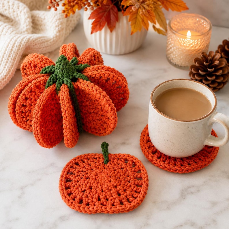May include: A three-dimensional crocheted orange pumpkin with a green stem, accompanied by a flat, circular crocheted orange pumpkin coaster with a small green stem, designed to hold a ceramic mug filled with a light brown beverage.