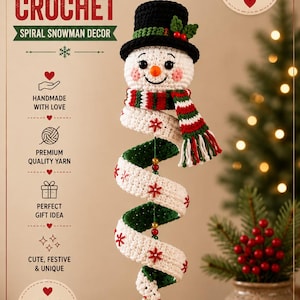 May include: A handmade crochet spiral snowman ornament featuring a black top hat, a white face with an orange nose, and a red, white, and green striped scarf. The body is a white and green spiral with red snowflake accents, ending in two jingle bells.