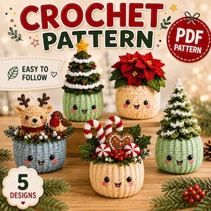 Può includere: Un modello di uncinetto in PDF con cinque design festivi amigurumi: una renna con un pettirosso, un albero di Natale, una stella di Natale, una composizione di bastoncini di zucchero con un cuore di pan di zenzero e un secondo albero.