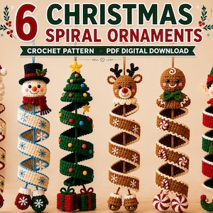 May include: A digital crochet pattern for 6 Christmas spiral ornaments featuring Santa, a snowman, a tree, a reindeer, a gingerbread person, and an elf. Each ornament has a hanging spiral design with festive colours and holiday-themed details.