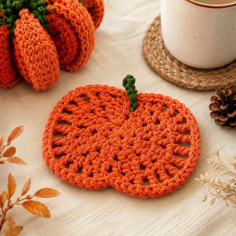 May include: A flat, orange, pumpkin-shaped crochet coaster featuring an openwork stitch pattern and a small green stem at the top. The coaster is crafted from yarn and displays a circular design with radiating segments, mimicking the appearance of a pumpkin.