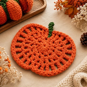 May include: A round, orange crochet coaster shaped like a pumpkin, featuring an openwork stitch pattern and a small, textured green stem at the top. The coaster is crafted from thick yarn and displays a circular, radiating design with visible loops.