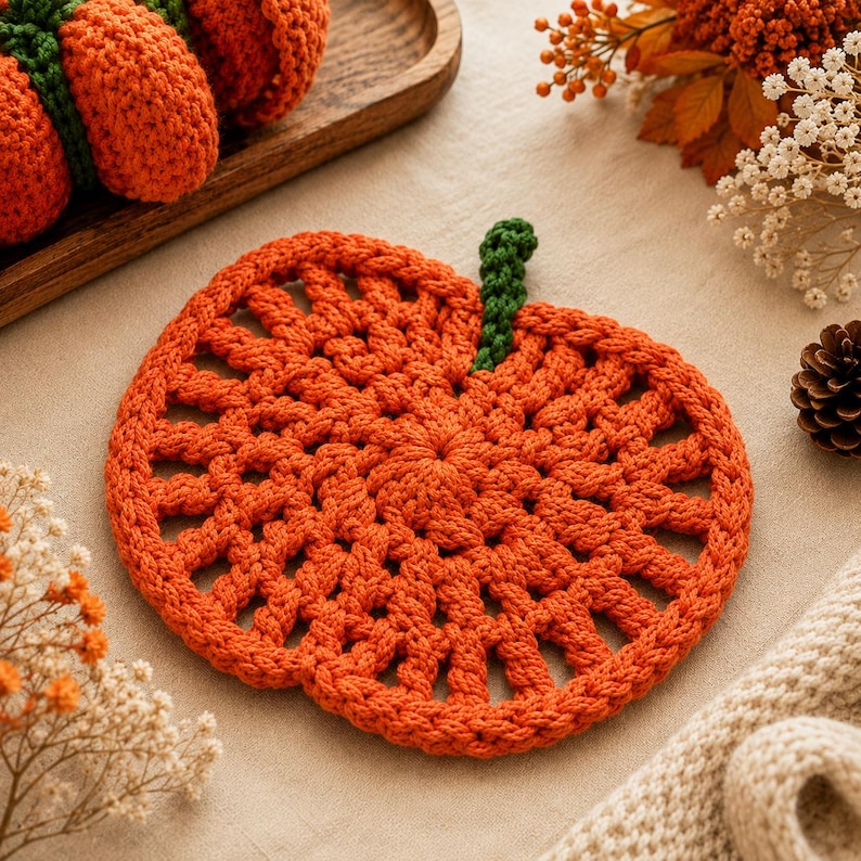May include: A round, orange crochet coaster shaped like a pumpkin, featuring an openwork stitch pattern and a small, textured green stem at the top. The coaster is crafted from thick yarn and displays a circular, radiating design with visible loops.