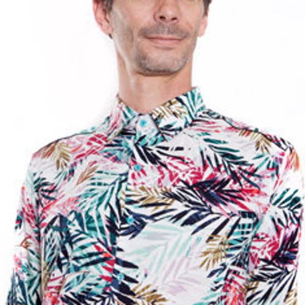 Chemise homme bambou chemise motifs à feuille  manches longues