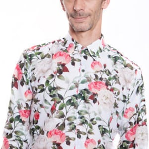 メンズ花柄シャツ | 白とピンクのバラ | 長袖 - BAÏSAP - サイズ M