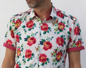 Mens pink short sleeve shirt - Roses - BAÏSAP - L size