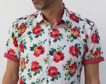 Mens pink short sleeve shirt - Roses - BAÏSAP