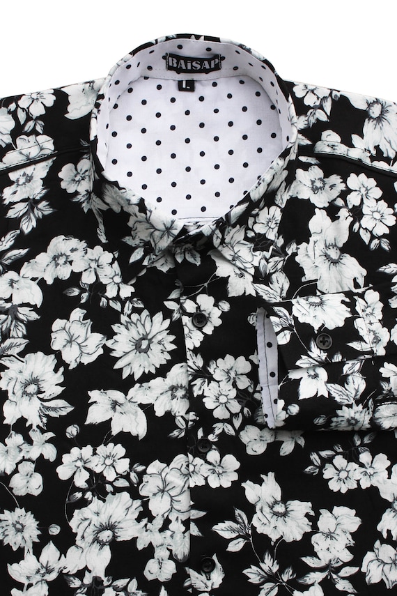 Mens Black Floral Shirt Gray Flowers BAÏSAP 