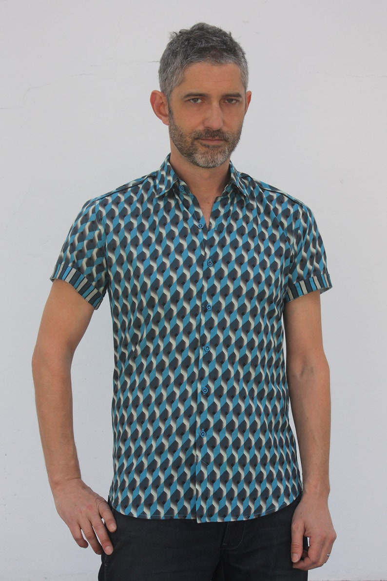 Teal BA\u00cfSAP S size Mens printed short sleeve shirts