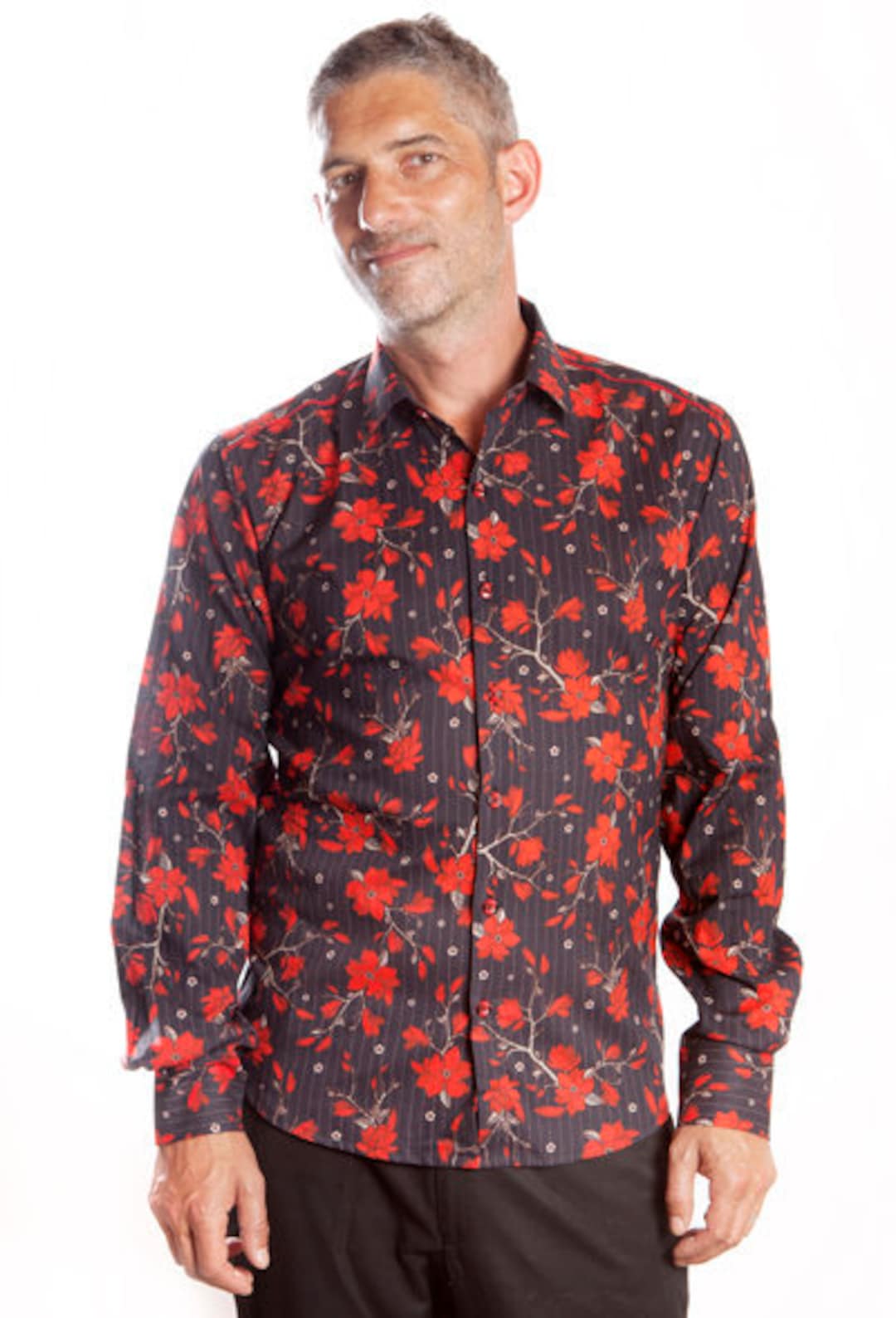 Chemise noire fleurie |chemise homme en coton doux| manches