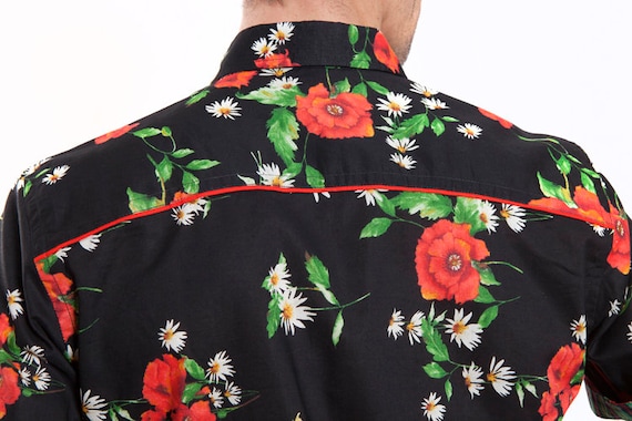 Chemise homme en coton imprime coquelicot sur fond noir manches longues Etsy Canada