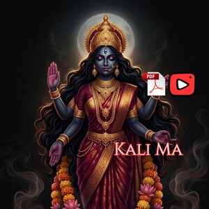 Pode incluir: Uma representação da divindade Kali Ma com pele escura, quatro braços e longos cabelos soltos, vestindo um sari vermelho profundo com bordados dourados, joias de ouro ornamentadas e uma coroa. Uma guirlanda de flores pende abaixo. Texto: KALI MA.