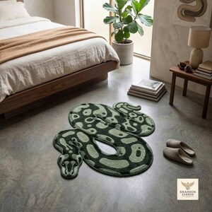 Green Snake Rug | Hand Tufted Wool Shaped Rug | Python Coil Design | Quirky Bedroom Accent Rug | Nature Statement Shaped Rug