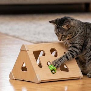 May include: A triangular wooden cat puzzle toy with cutouts in various shapes, including triangles and circles. The light-colored wood frame features beige corner connectors and contains a small green and yellow rope ball with a metal bell inside.