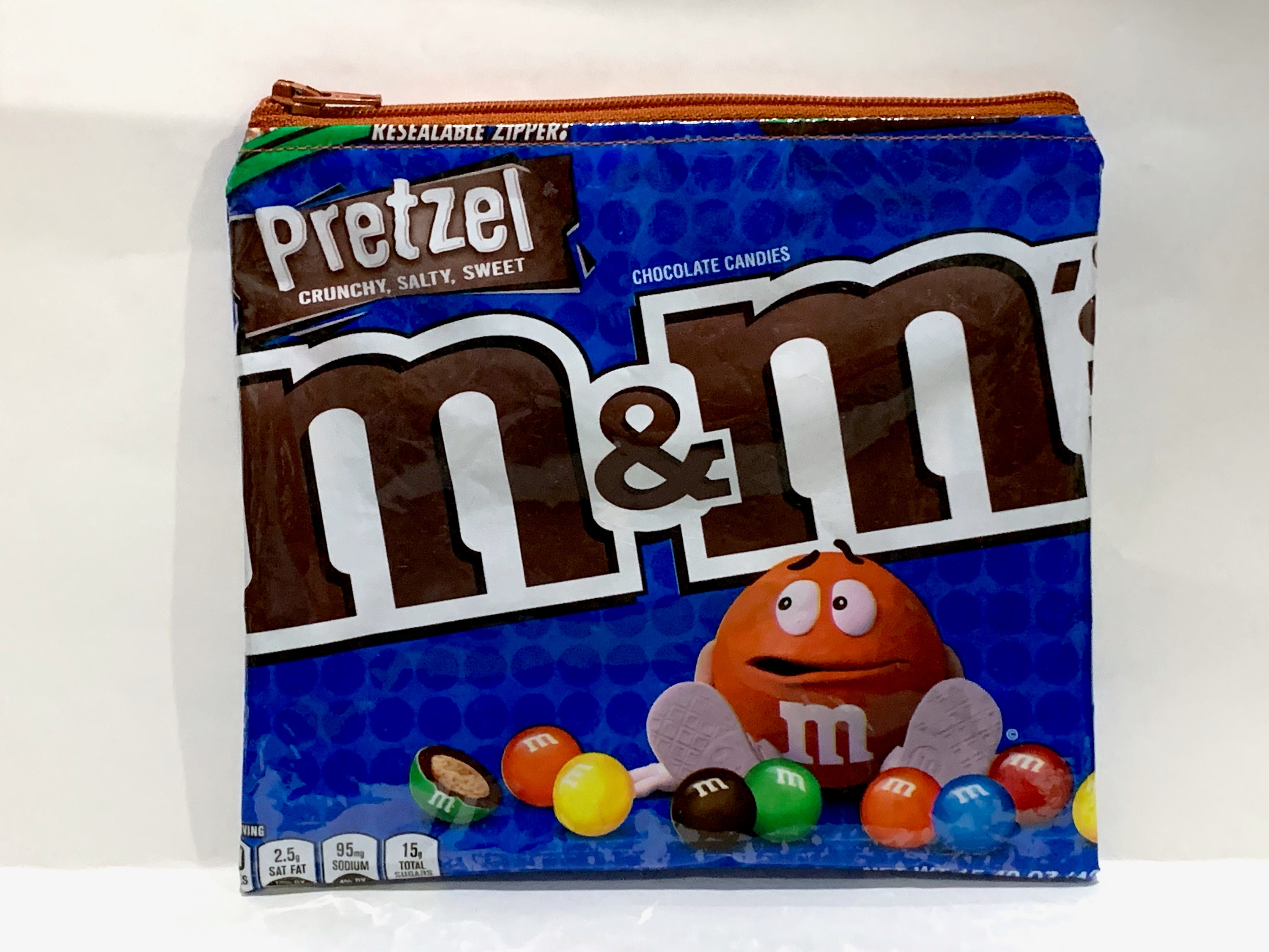 M&M Pretzel Candy Wrapper Up-cycled Zippered Bag/pouch Candy 