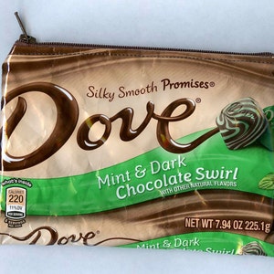May include: A brown and green zippered pouch with the Dove logo and the text "Silky Smooth Promises", "Mint & Dark Chocolate Swirl", "With Other Natural Flavors", and "Net Wt 7.94 oz 225.1g".
