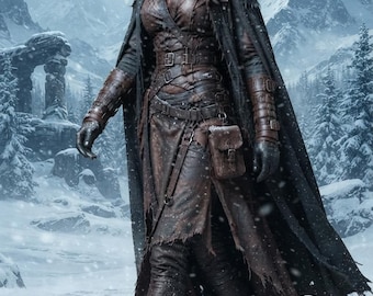 May include: A dark brown leather outfit featuring a hooded cloak, a fitted bodice with multiple belts, long sleeves with buckled bracers, a layered skirt with a small attached pouch, and knee-high leather boots, all worn in a snowy mountain environment.