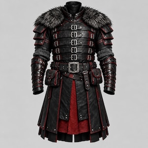 May include: A black and red long coat featuring a high collar with grey faux fur trim, multiple horizontal buckled straps across the chest, layered shoulder plates, integrated waist pouches, and a pleated skirt section with red fabric accents.