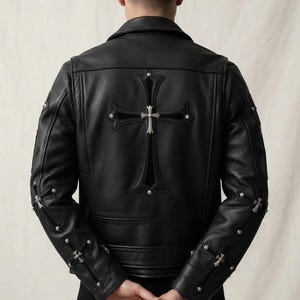 Black Leather Moto Jacket, Cross Patch Biker Coat, Gothic Outerwear, Punk Rider Jacket