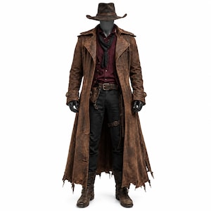 May include: A brown distressed leather duster coat worn over a dark red button-down shirt, black trousers, and a black neck scarf. The outfit includes a brown cowboy hat, black gloves, a brown leather belt with a holster, and brown leather boots.