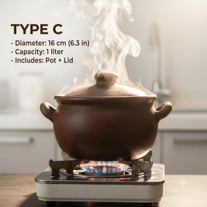 May include: A brown clay pot with a lid, labelled TYPE C, featuring a 16 cm diameter and 1 litre capacity. The pot sits on a gas stove burner with a visible blue flame, emitting steam from the top. The text includes: TYPE C, Diameter: 16 cm (6.3 in), Capacity: 1 litre, Includes: Pot + Lid.