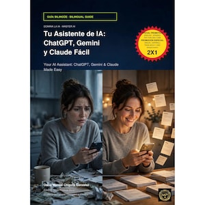 May include: A bilingual guide book titled Tu Asistente de IA: ChatGPT, Gemini y Claude Fácil, featuring a split-screen cover showing a person looking stressed while using a phone on the left and happy on the right with notes on the wall.