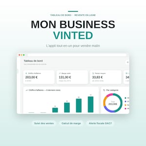 May include: A digital dashboard interface titled MON BUSINESS VINTED with the subtitle L'appli tout-en-un pour vendre malin. The screen displays financial metrics including revenue, net margin, average basket, and a bar chart of sales data.