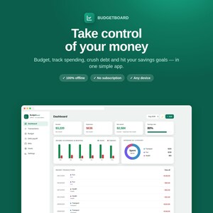 Peut inclure: Une interface numérique pour l'application Budgetboard sur écran, présentant un tableau de bord avec des graphiques financiers, des résumés de revenus et dépenses, et des transactions récentes. Le texte indique : Budgetboard, Take control of your money, 100% offline, No subscription, Any device.