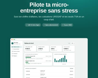 Tableau de Bord Auto-Entrepreneur 2026 | Suivi Chiffre d'Affaires, Cotisations URSSAF & Seuils TVA | Appli + Excel Micro-Entreprise