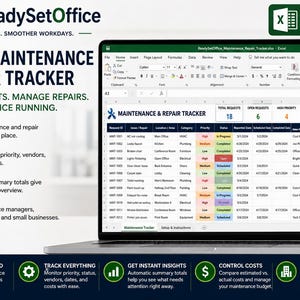 Può includere: Un modello digitale Microsoft Excel per il monitoraggio della manutenzione e delle riparazioni in ufficio visualizzato su uno schermo di un portatile. Il foglio di calcolo include colonne per ID richiesta, problemi, posizioni, date e costi.