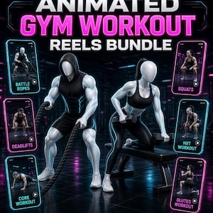 Puede incluir: Un paquete digital titulado 1000+ ANIMATED GYM WORKOUT REELS BUNDLE con dos figuras sin rostro entrenando con cuerdas de batalla y mancuernas. Seis pantallas de smartphone muestran clips de ejercicios e iconos indican calidad HD, PLR y MRR.