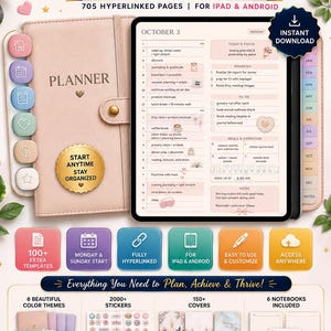 Puede incluir: Un paquete de planificador digital para iPad y Android con una cubierta rosa, una tableta que muestra un horario diario y varios iconos. El texto incluye THE ALL-IN-ONE DIGITAL PLANNER, 705 HYPERLINKED PAGES y START ANYTIME STAY ORGANIZED.