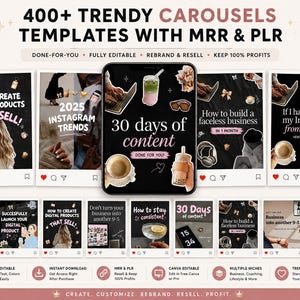 Op de afbeelding: Een verzameling van 400+ digitale carrousel-sjablonen voor sociale media met diverse ontwerpen en tekst zoals 30 days of content, How to create digital products that sell en 2025 Instagram trends, gepresenteerd in een rasterindeling.