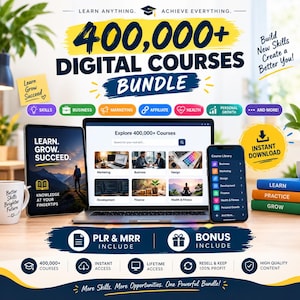 Pode incluir: Um anúncio de um pacote de cursos digitais com um portátil, um tablet e um smartphone exibindo conteúdo educativo. O texto inclui 400,000+ DIGITAL COURSES BUNDLE, LEARN GROW SUCCEED e INSTANT DOWNLOAD, acompanhado por vários ícones temáticos.