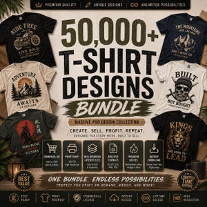 Op de afbeelding: Een digitale collectie van 50.000+ t-shirtontwerpen met diverse grafische thema's, waaronder motorfietsen, bergen, schedels, samoerai en leeuwen. De bundel bevat meerdere bestandsformaten, commerciële gebruiksrechten en directe downloadtoegang.