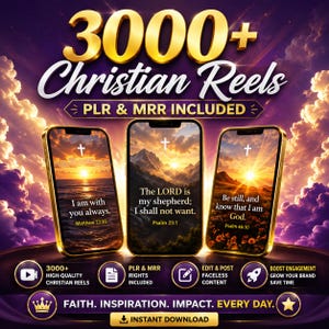 May include: A digital product bundle featuring 3000+ Christian Reels with PLR and MRR included. Three smartphones display sunset landscapes with Bible verses: Matthew 22:20, Psalm 23:1, and Psalm 46:10. The purple and gold graphic includes text: Faith. Inspiration. Impact. Every Day.