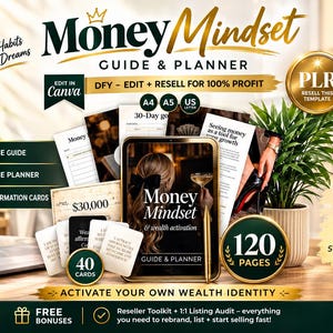 May include: A digital product bundle titled Money Mindset Guide & Planner featuring a 70-page guide, 50-page planner, and 40 affirmation cards. The set includes Canva templates, gold-toned branding, and text detailing resale rights and page counts.