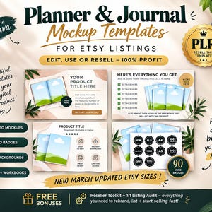 Puede incluir: Un gráfico de marketing digital para plantillas de maquetas de planificadores y diarios para Etsy. La imagen muestra diapositivas de vista previa del producto, un sello PLR dorado y texto que detalla 27 maquetas de video, 90 insignias y 200 fondos.