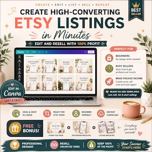 Könnte beinhalten: Eine digitale Produktwerbung für Canva-Vorlagen mit einem Laptop, der Planer-Designs anzeigt. Der Text enthält CREATE HIGH-CONVERTING ETSY LISTINGS in Minutes, EDIT AND RESELL WITH 100% PROFIT sowie Details zu den Funktionen.