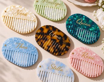 Personalized Name Mirror Comb Set,Engraved Acetate Hair Comb,Pocket Hair Comb,Wide Tooth Comb,engraved amber comb,Bridal Shower Gift,
