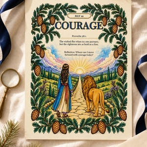 May include: A rectangular print titled DAY 12 COURAGE featuring Proverbs 28:1. The illustration shows a person and a lion walking on a stone path toward a sunrise, framed by pine branches and cones. Text includes the verse and a reflection question.