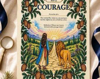 Day 12 Courage Proverbs 28:1 Printable Wall Art, Christian Scripture Poster and Coloring Page, Instant Digital Download