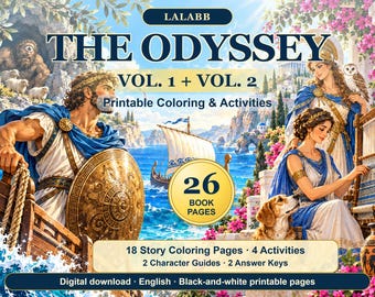 Odyssey Vol. 1 + 2 Coloring and Activity Bundle, 26 Printable Greek Mythology Pages