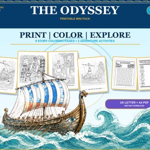 K&ouml;nnte beinhalten: Ein druckbares Mini-Paket mit dem Titel The Odyssey, das 8 Malvorlagen zur Geschichte und 2 Abenteueraktivit&auml;ten f&uuml;r 7- bis 10-J&auml;hrige enth&auml;lt. Das Design zeigt ein gro&szlig;es Wikingerschiff auf blauen Wellen sowie schwarz-wei&szlig;e Arbeitsbl&auml;tter.