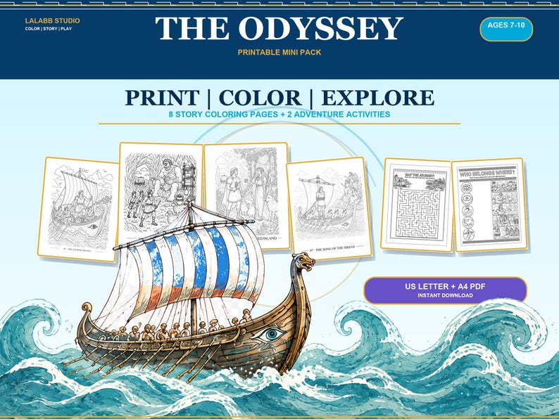 K&ouml;nnte beinhalten: Ein druckbares Mini-Paket mit dem Titel The Odyssey, das 8 Malvorlagen zur Geschichte und 2 Abenteueraktivit&auml;ten f&uuml;r 7- bis 10-J&auml;hrige enth&auml;lt. Das Design zeigt ein gro&szlig;es Wikingerschiff auf blauen Wellen sowie schwarz-wei&szlig;e Arbeitsbl&auml;tter.