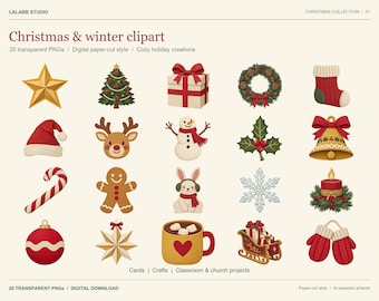Paquete de imágenes prediseñadas de Navidad e invierno, 20 imágenes PNG transparentes, estilo recorte de papel, manualidades y tarjetas navideñas.