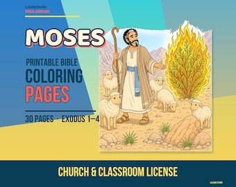Moses Coloring Pages for Sunday School, 30-Page Exodus 1–4 Printable Bible PDF, Church or Classroom License