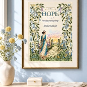 Può includere: Una stampa artistica da parete incorniciata con il testo DAY 11 HOPE Proverbs 23:18, che illustra una persona che cammina verso un cancello aperto all'alba, circondata da un bordo decorativo di fiori blu e gialli e fogliame verde.